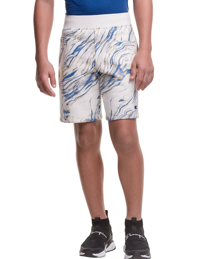 Champion Reverse Weave Fleece Marble Dye Print Korte Broek Jongens - Wit/Blauw - Belgie 4930CNUXQ